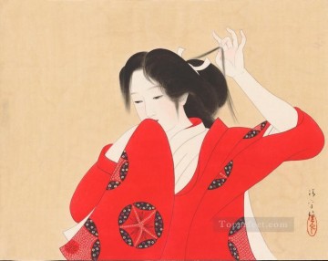 日本 Painting - 赤い着物の美人 鏑木清方